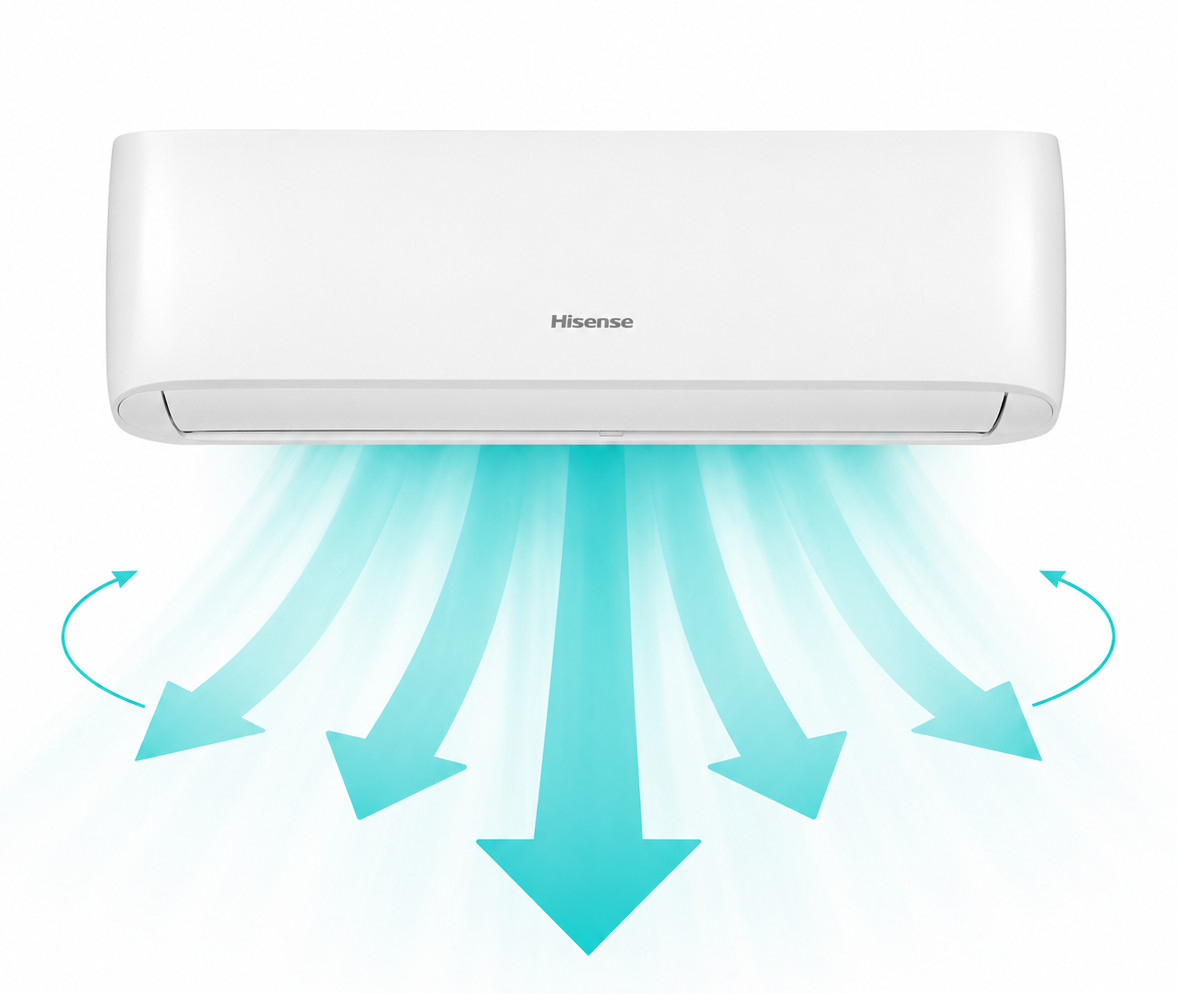 Distribución del aire con oscilación automática El sistema incorpora persianas verticales de oscilación automática, que ayudan a distribuir el aire de forma más homogénea por la estancia. Esta función mejora la sensación térmica y evita que el flujo se concentre en un solo punto. Gracias a esta distribución, la habitación alcanza antes una temperatura confortable y se mantiene un ambiente más equilibrado, tanto en modo frío como en modo calor.